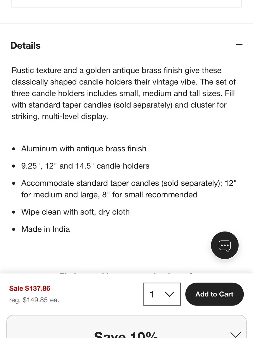 Crate & Barrel Emmett Antique Brass Taper Candle Holder Set of 3 Black